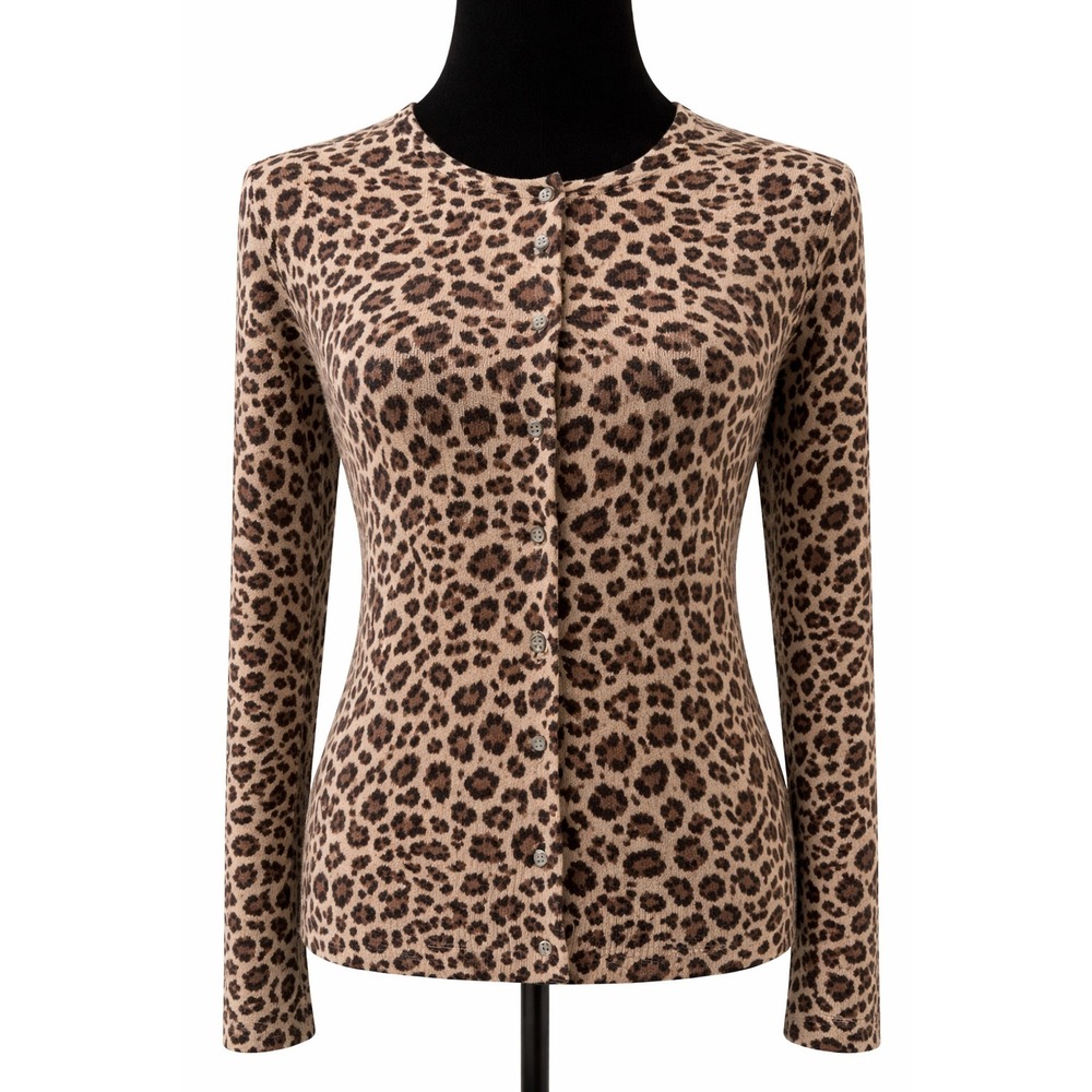 Apt. 9 Womens Cardigan Sweater Small Brown Animal Print Crew Neck 100%‎ Cashmere